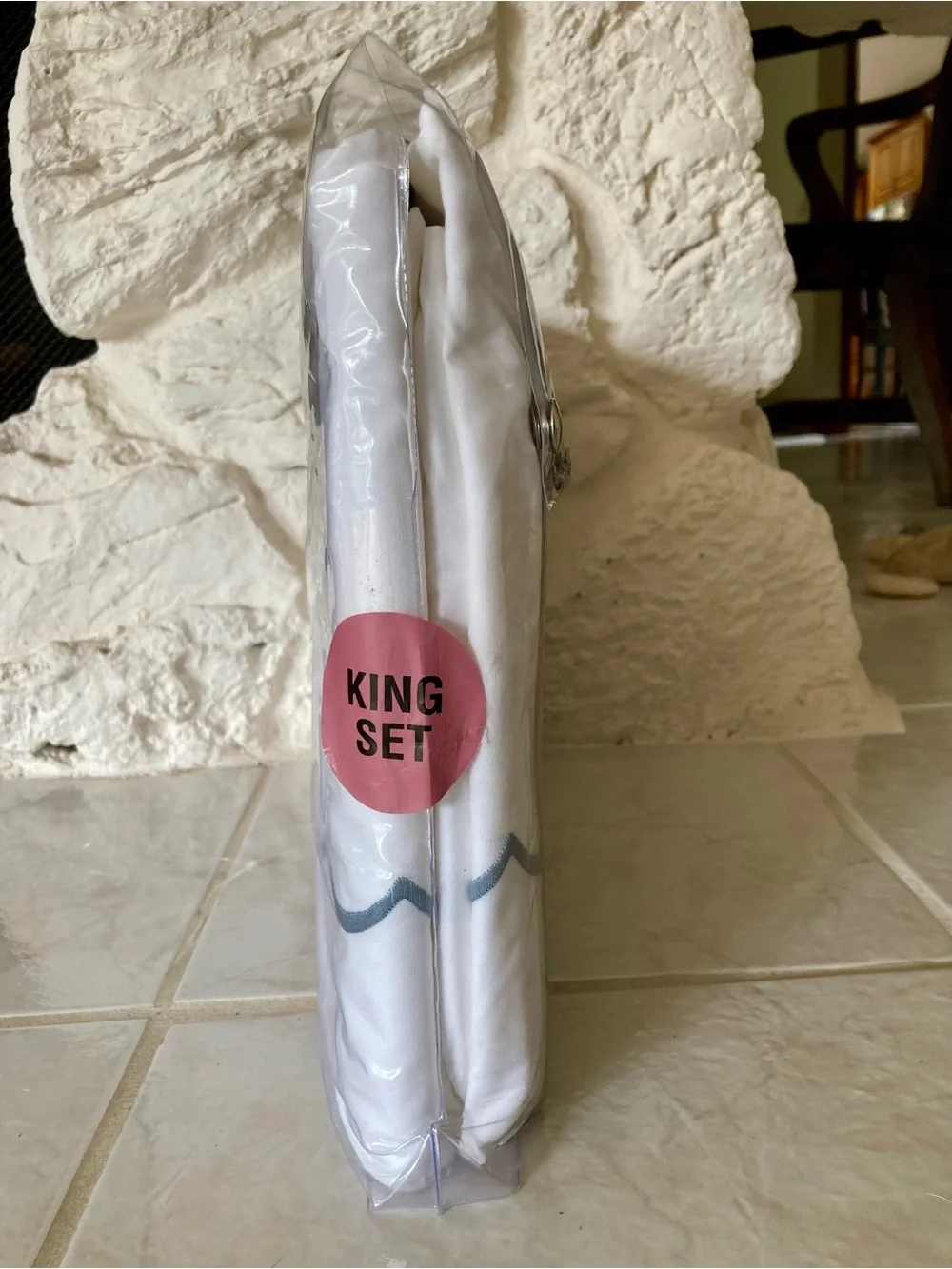 Maurizio Italy King Sheet Set White w/ Dark Gray Blue Embroidery Percale Cotton